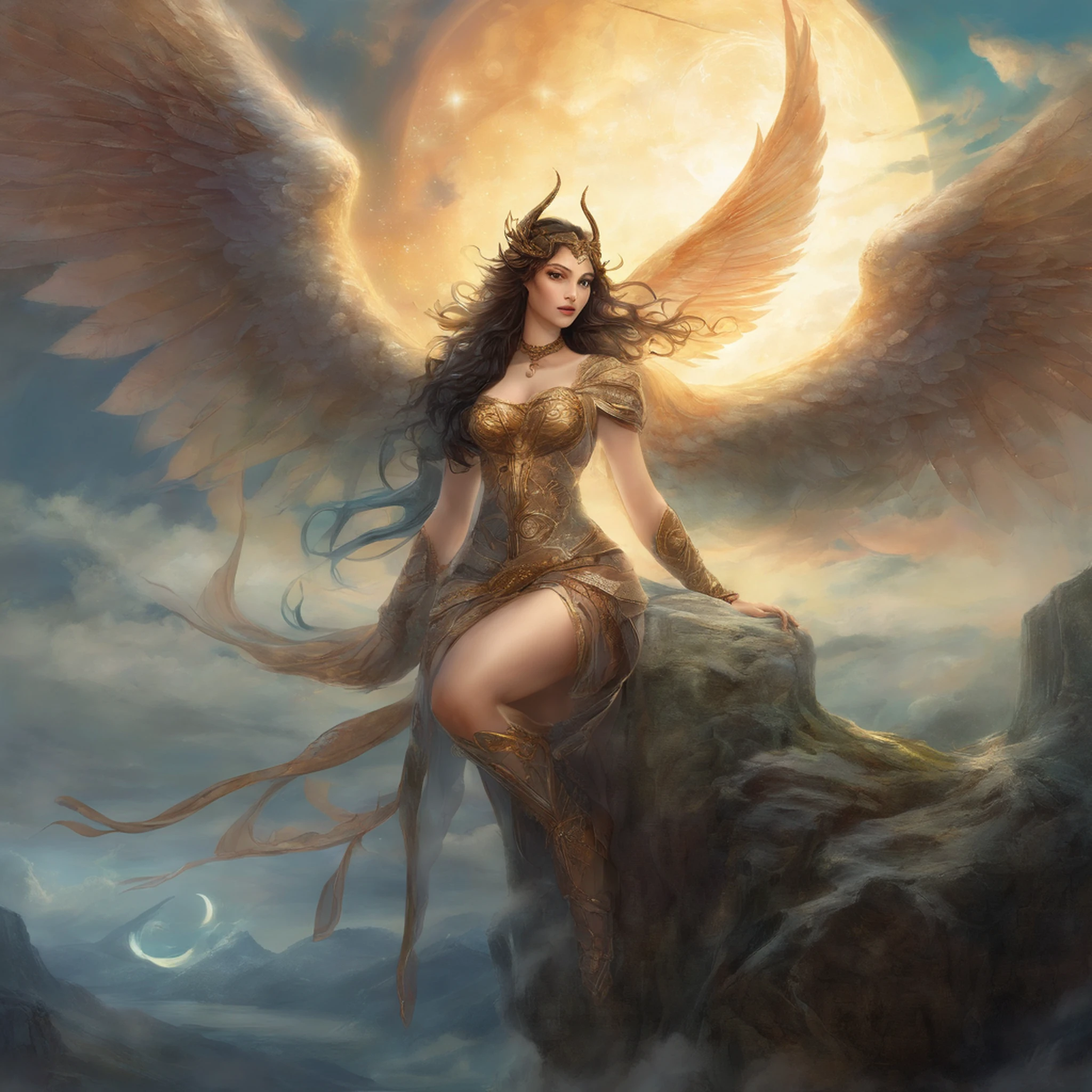 SEX、A sexy、teats、((top-quality))、((masterpiece))、detail portrayal、seductive succubus、Fantastic beauty、Float above the clouds、(fantasy illustrations:1.3)、a captivating gaze、Pose Seductive、Delicate wings、Otherworldly charm、mystical sky、(By Luis Royo:1.shitaka Amano:1.1)、Moon Night、Soft colors、(detailed cloudscape:1.3)、(hight resolution:1.2)