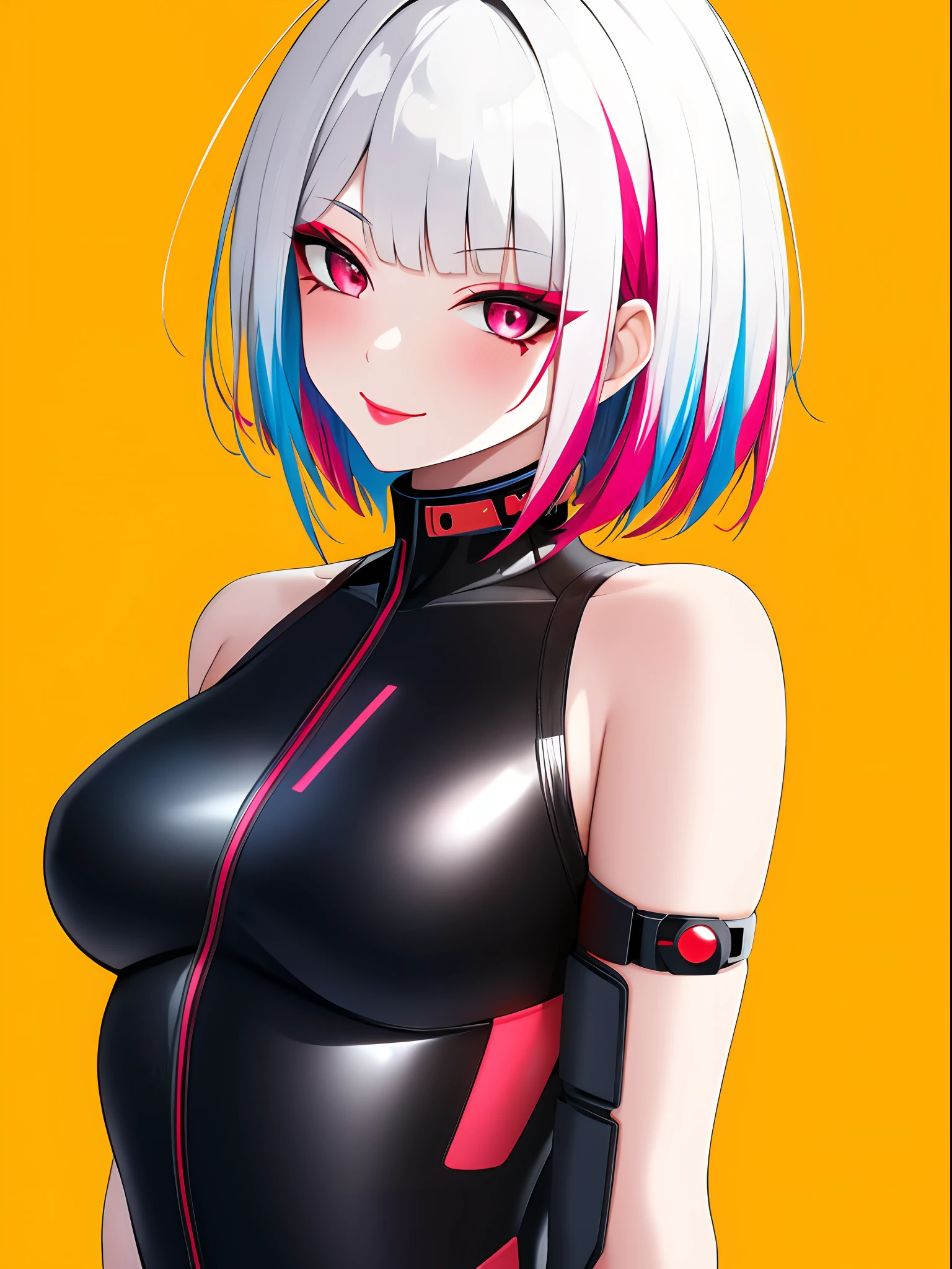 1 plump girl, lucy \(cyber punk personage\), Alone, looking at viewert, cyber punk personage, Short hair details, yellow backdrop, ssmile, exposed bare shoulders, Red eyeliner, cosmetics, Redlip, back to look back, Parted bangs, Upper part of the body, Cyborg, Multicolored eyes, tightsuit, close your mouth, White hair ,cyber punk personage \(series\), cyber punk edge runner,(A mature woman),(tmasterpiece:1.2),(Best quality at best:1.2),blue color eyes,Bigchest