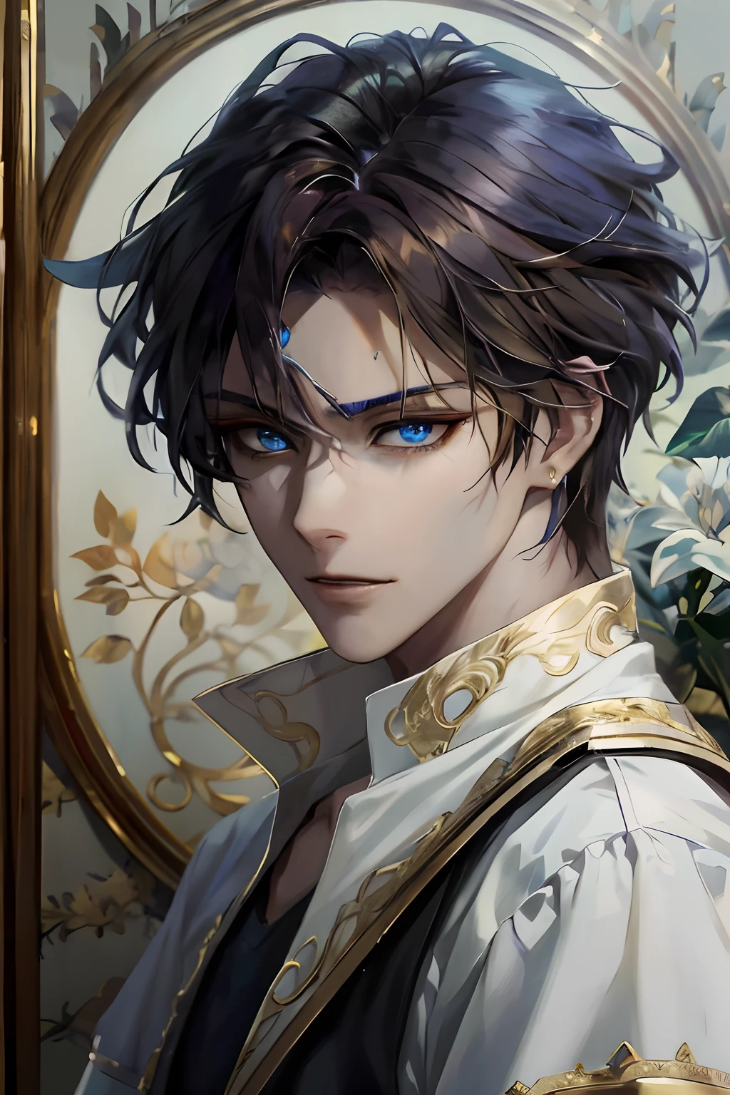 Anime boy with blue eyes and white shirt with gold trim, Beautiful androgynous prince, Delicate androgynous prince, handsome guy in demon killer art, Guviz-style artwork, Stunning anime face portrait, by Yang J, Anime portrait of a handsome man, Beautiful character painting, Guviz, Detailed digital anime art, a beautiful anime portrait