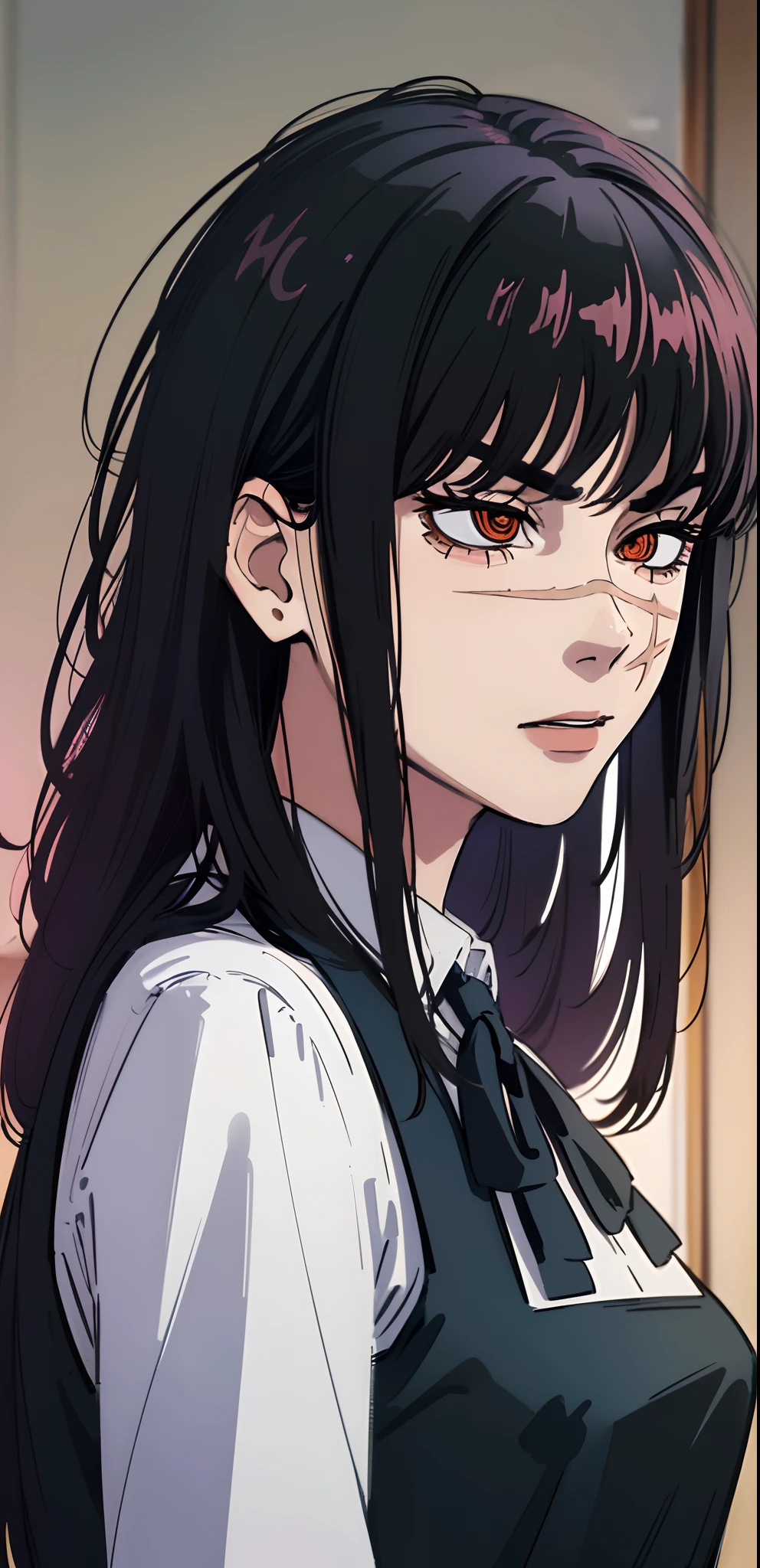 ((masterpiece, best quality)), (1girl), (solo), (female focus), yoru\(chainsaw man\),(very detailed face, real image, realistic white skin, realistic body, intricate details), upper body, focus on face, psycho face, psycho eyes, serious, black hair, long hair, intimidating look, pinafore dress, long sleeve shirt, neck ribbon, small breasts,