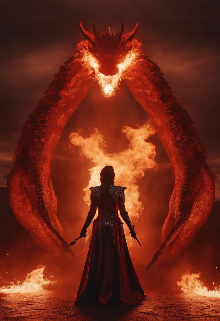 Woman with black and red hair Wear gold earrings. Black ninja suit patterned on red light suit Standing with 2 swords in two hands., It is in a lava volcano with a huge fire dragon in the background.