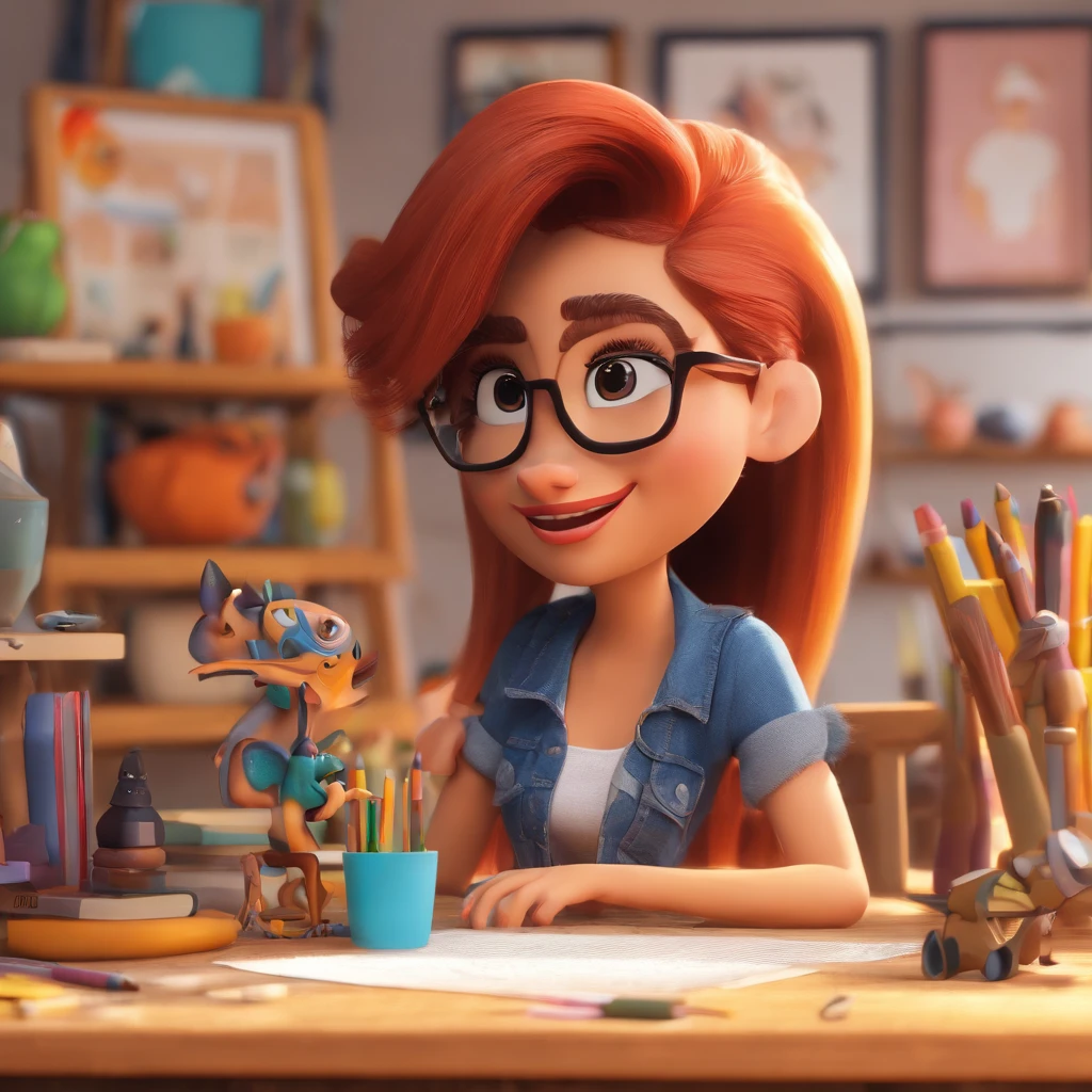 Crie um cartaz inspirado na Disney Pixar com a personagem bonita,ruiva de cabelos lisos bem compridos alaranjados, brown eyes wearing glasses. She is wearing a black skull print t-shirt and jeans. She has a pet fox and is in her art studio happy and drawing. In the background is a tripod with a camera. Ela tem quasril largo e coxas grossas