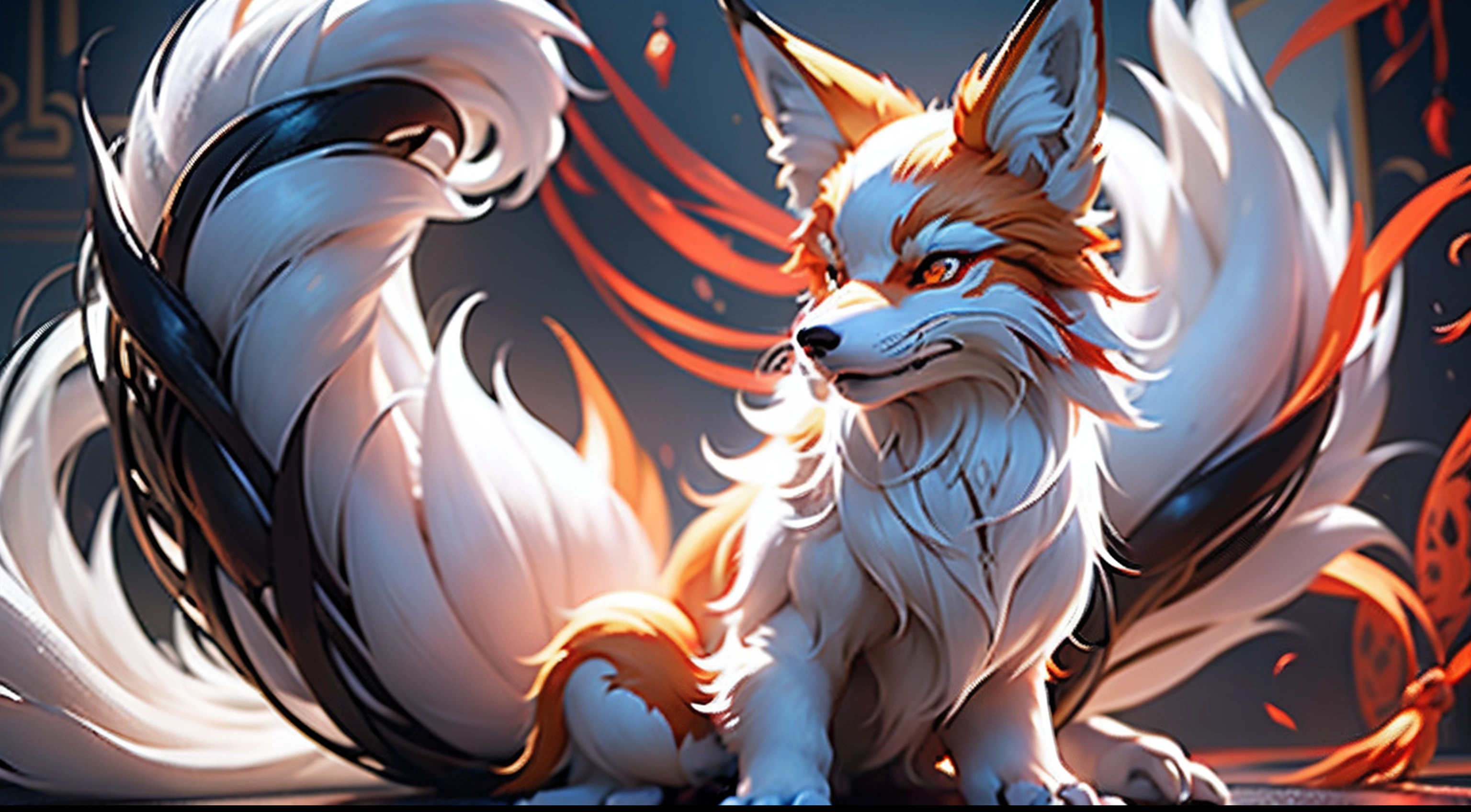 (Best Quality: 1.3), (masutepiece: 1.3), (Realistic: 1.4), (Details: 1.1), Nine Tails, Fox, White fur, Super fine, Super Flooring, Red dragon pattern on the body, God brightly々Red Eyes, 9 tails pointing upwards, Dynamic, Mythological background, Super dreamy　Facing the front