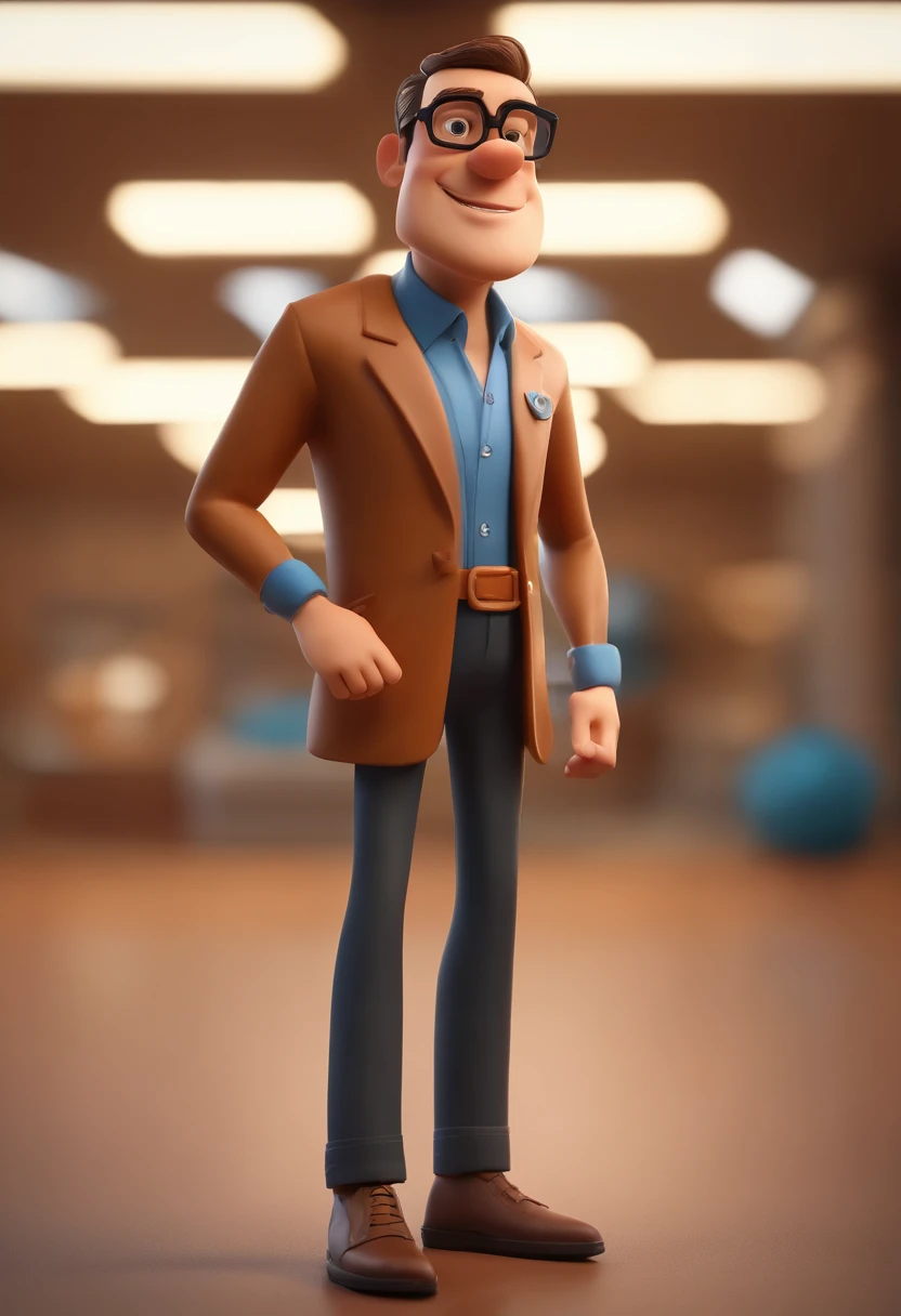 Cartoon character of a man with black glasses, cabelo cacheado marrom escuro e uma camisa azul, animation character, Caractere estilizado, animation style rendering, 3D estilizado, Arnold Maya render, 3 d render stylized, toon render keyshot, Personagem 3D, Personagem 3D, 3d rendering stylized, 3 d character render, personagem de desenho animado, Personagem de close up, Pose de personagem, (Estilo Pixar) (master part:1.2) (Bokeh) (best quality) (pele detalhada) (textura detalhada) (8k) (argila) (Cinematic lighting) (foco nítido