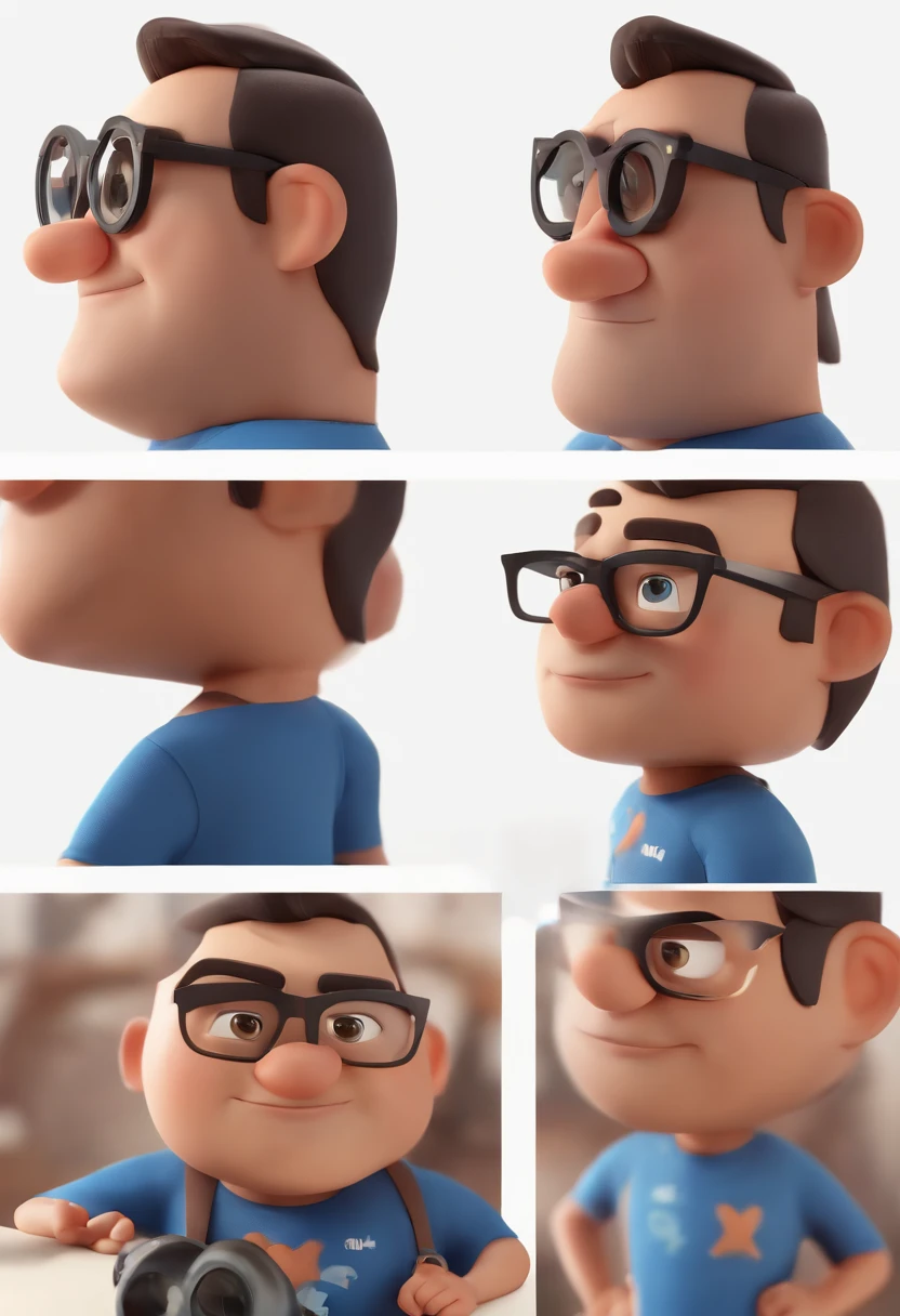 Cartoon character of a man with black glasses, cabelo cacheado marrom escuro e uma camisa azul, animation character, Caractere estilizado, animation style rendering, 3D estilizado, Arnold Maya render, 3 d render stylized, toon render keyshot, Personagem 3D, Personagem 3D, 3d rendering stylized, 3 d character render, personagem de desenho animado, Personagem de close up, Pose de personagem, (Estilo Pixar) (master part:1.2) (Bokeh) (best quality) (pele detalhada) (textura detalhada) (8k) (argila) (Cinematic lighting) (foco nítido
