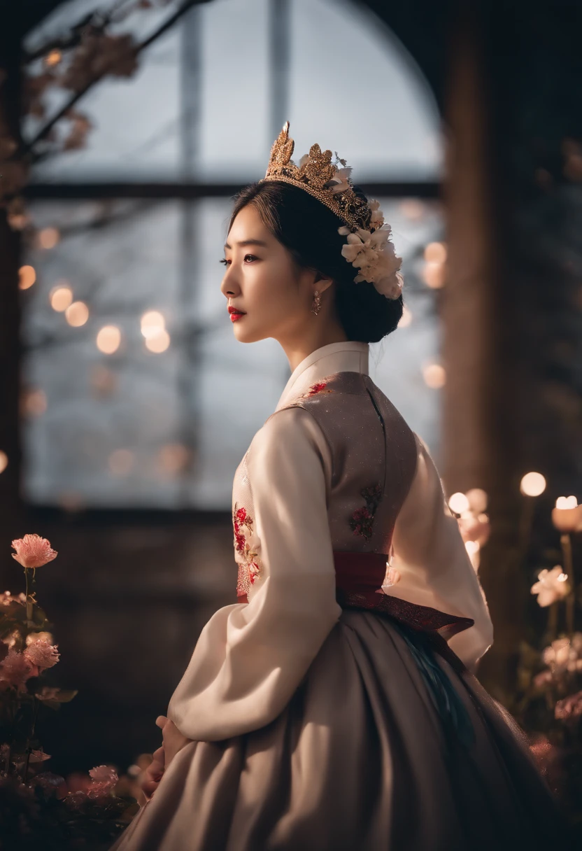 Best quality, High_Resolution, distinct_image, Detailed background ,Girl, Hanbok,flower,sonoko,Moon, Night,Dutch angle, Wide shot, crown,