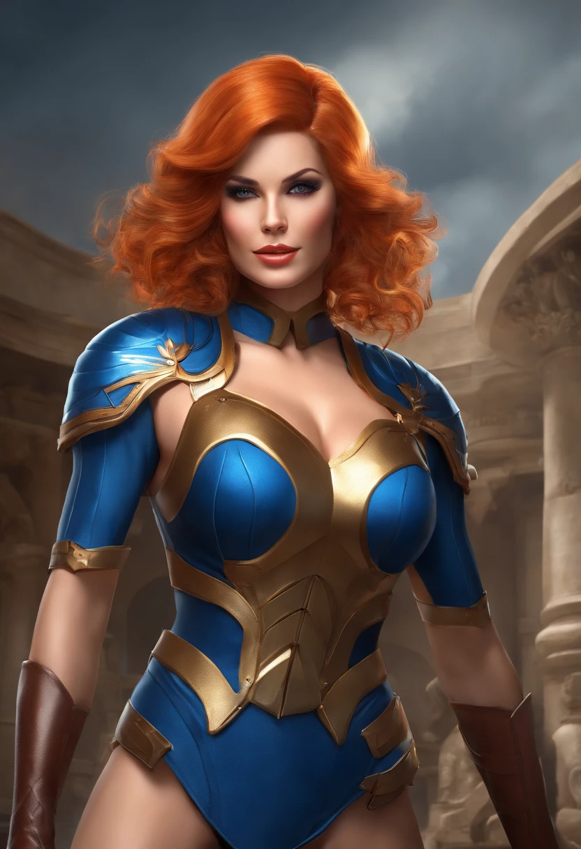 (best quality, masterpiece:1.2),Gwendolyn_tennyson,short orange hair,sideswept bangs,beautiful detailed eyes,beautiful detailed lips,laughing,blue hairclip,extremely detailed eyes and face,blue body armor,confident and strong,standing tall,heroic pose,vivid colors,Muscle,Strong,Big Tits, Nipples Showing,Nude,Naked