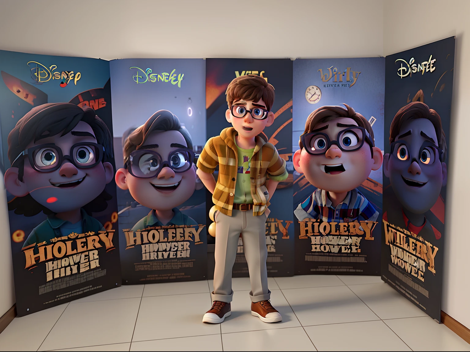 A white boy with glasses in front of a Disney pixar style horror movie poster