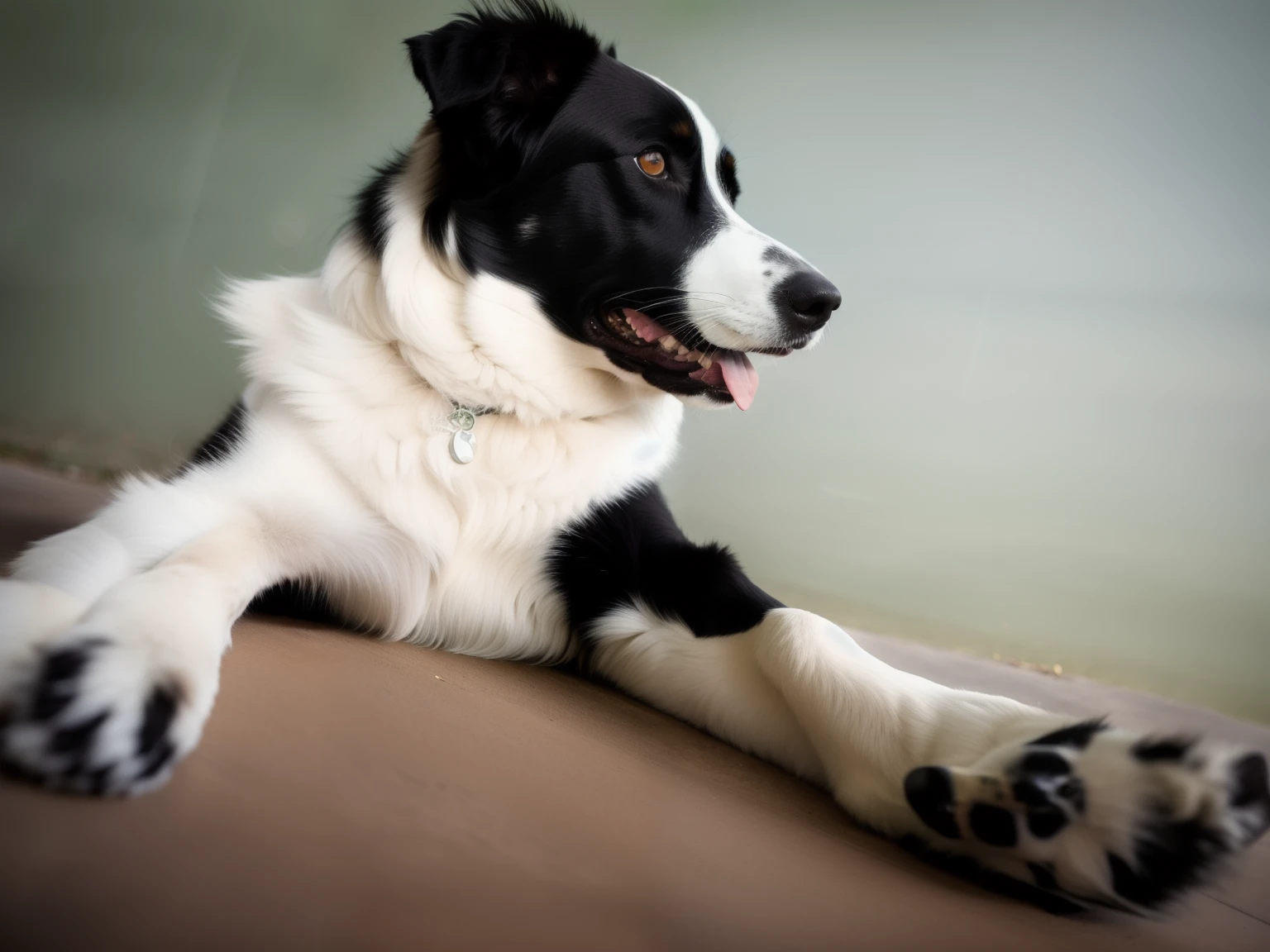 There's a black and white dog lying on the ground, border collie, canino, bela imagem de vira-lata, half dog, Border Collie dog on book cover, taken with sony a7r camera, pet animal, um bonito, portrait of a dog, dog portrait, com uma pose cool, alto - contraste, Alto contraste, Background a green area of grass on a clear day