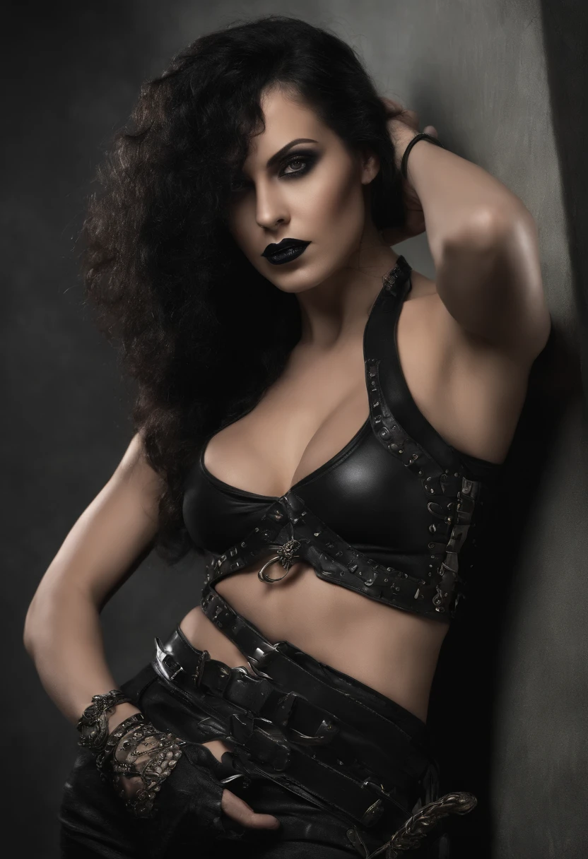 Pale-skinned girl, Pelo largo negro con flequillo, cintura delgada, muslos gruesos, pechos grandes, Paquete de abdominales de seis, piernas tonificadas, biceped, Camiseta de la banda Iron Maiden, pantalones negros, Botas de combate negras, Goth makeup, delineador negro, Young girl, Cuerpo atractivo, Cuerpo caliente, muslos gruesos, cintura muy delgada, Paquete de abdominales de seis, labios gruesos,desnuda