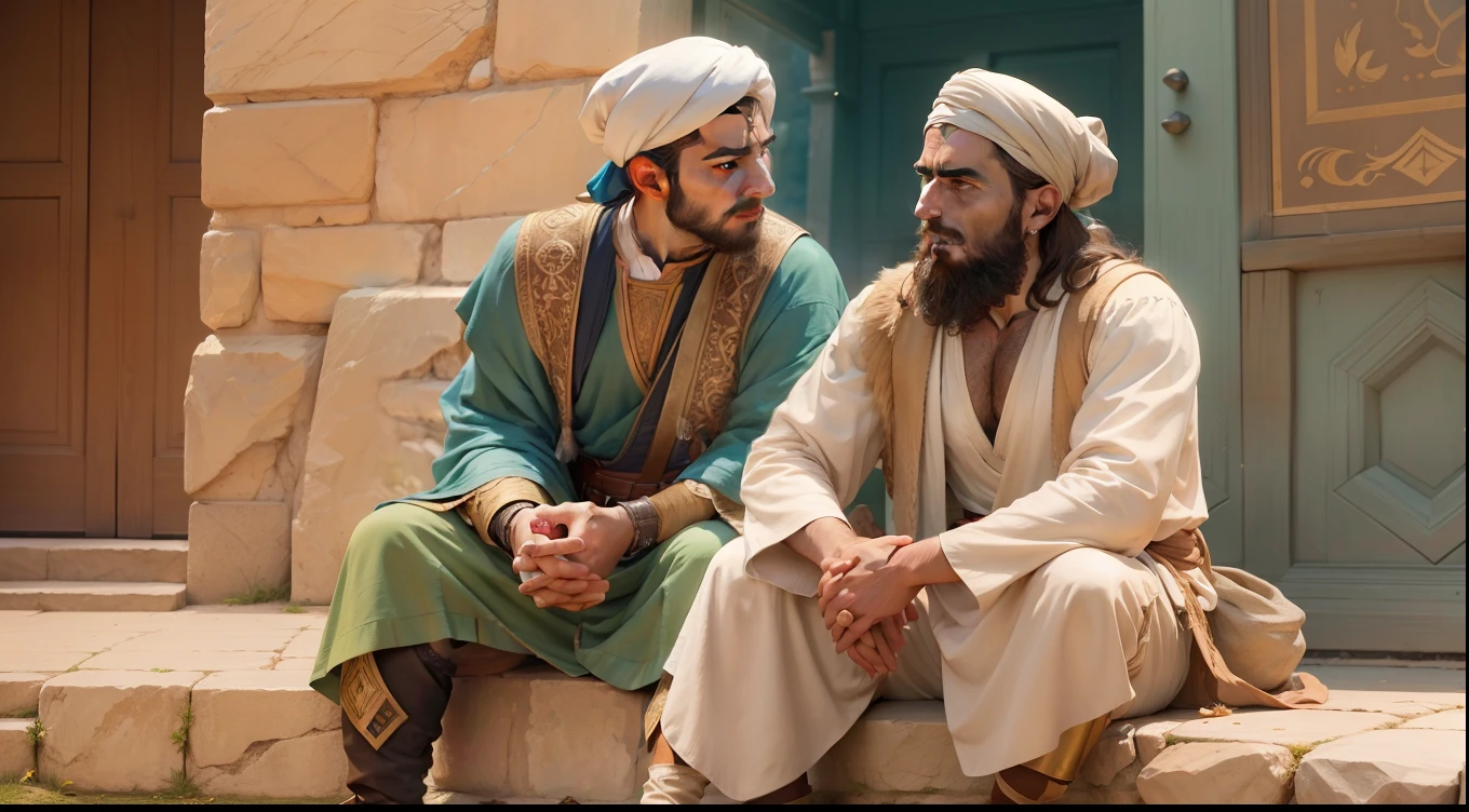 two men sitting on a stone bench talking to each other, calmly conversing 8k, biblical clothing, ghutra and egal, joseph and joseph, still from a live action movie, portrait shot, history drama, edited, beautiful image, sufism, [ colourful, shutterstock, two characters, beautiful man, by Harold von Schmidt, by Robert Brackman