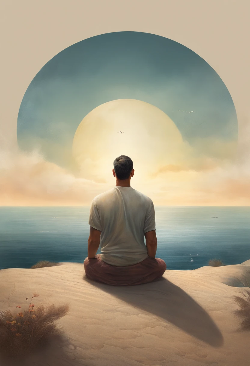 homem maduro, sitting in a meditation position, diante de um orisonte lindo, com o sol se pondo, in connection with the divine, Foto retrato, Directed by: Drew Tucker, Directed by: Adam Marczyński, Directed by: Alexandre Kucharsky, Directed by: Gavin Nolan, Surrealismo 8K, Directed by: Jason Felix, Yuri Shwedoff e Tom Bagshaw, arte ilustrativa, Estilo Erik Johansson
