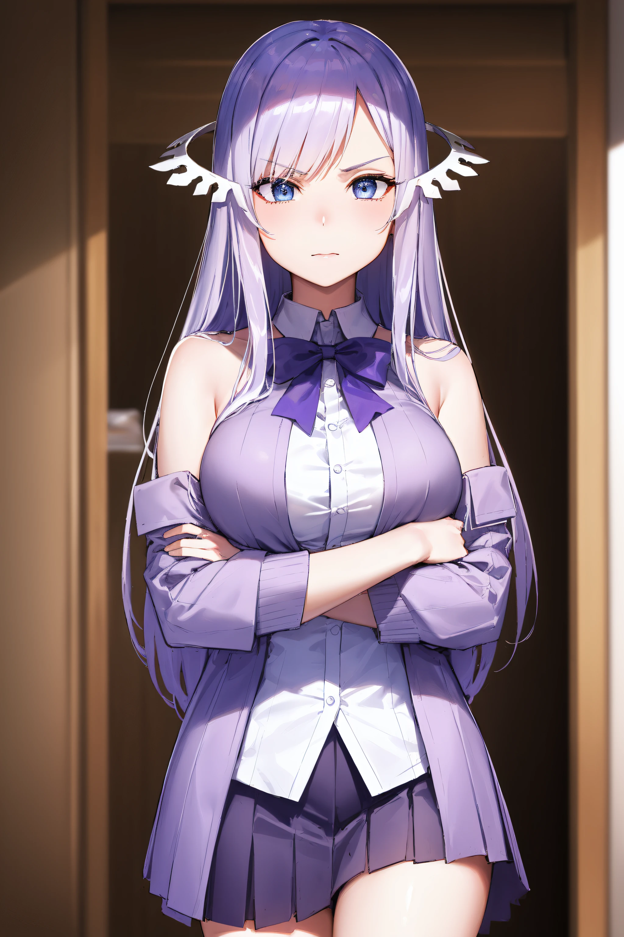 quinella, quinella, absurdly long hair, (purple eyes:1.1), long hair, parted bangs, purple hair, very long hair, hair ornament,medium breast,
BREAK black bowtie, white shirt, sleeveless, off shoulder, grey cardigan, open clothes, sleeves past wrists, black skirt, suspender skirt, thigh strap,
BREAK indoors, bed,
BREAK looking at viewer, (cowboy shot:1.5),crossed arms, (angry), pov, 
BREAK (masterpiece:1.2), best quality, high resolution,NSW ,unity 8k wallpaper, (illustration:0.8), (beautiful detailed eyes:1.6), extremely detailed face, perfect lighting, extremely detailed CG, (perfect hands, perfect anatomy),