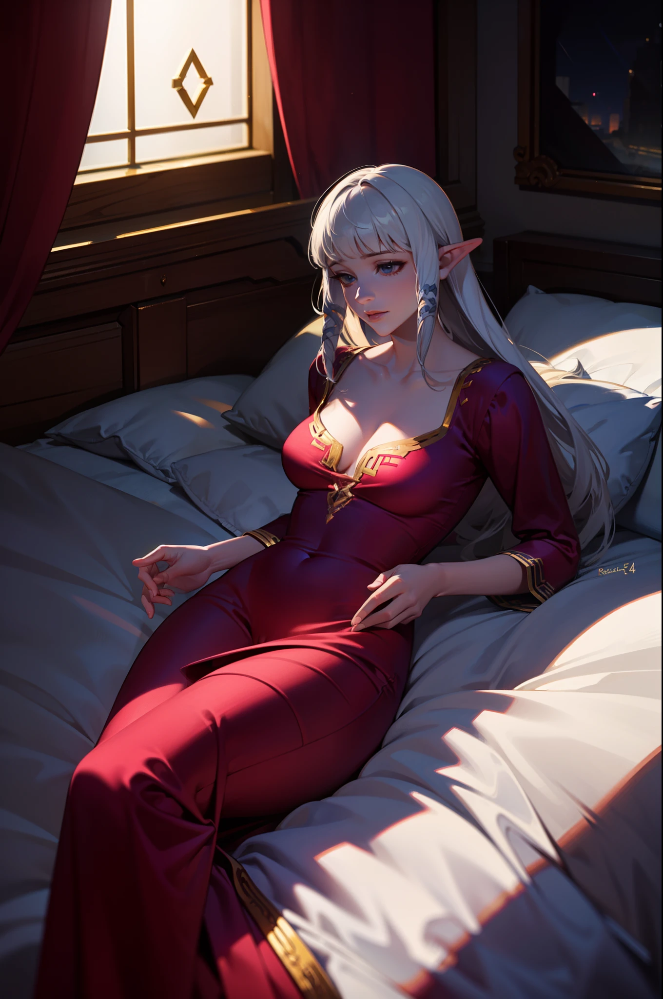 Pubic area is clear，4k wallpaper，HighestQuali，A 24 year old woman，Burgundy silk nightdress，Reallightandshadow，rays of moonlight，Luxurious European bedroom，Red silk bedding，European style architecture，nighttime scene，The upper part of the body, zelda