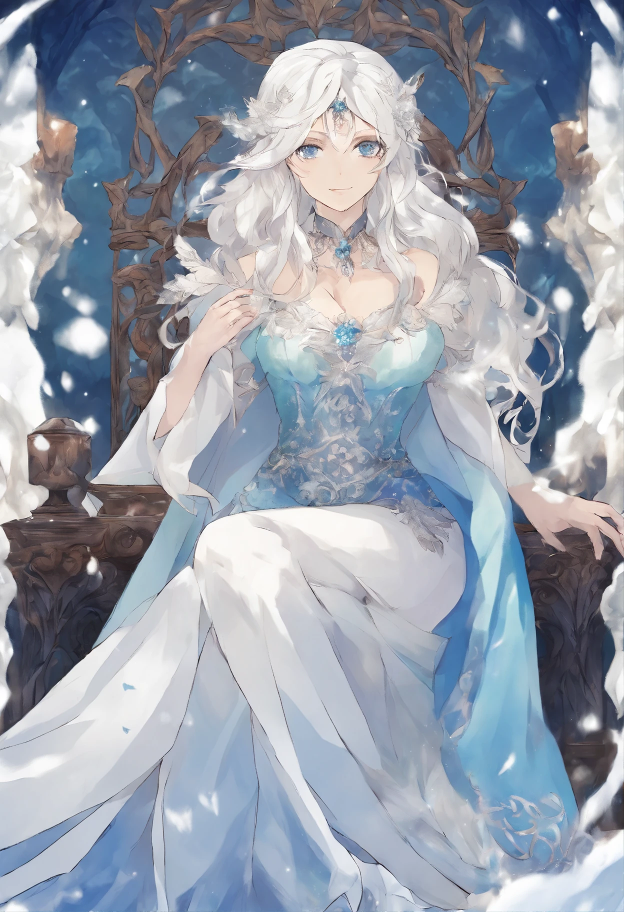 Anime, (masterpiece) White-haired ice queen with beautiful, white eyes, with a serious look looking at the fourth wall, sitting on an ice throne wearing a blue dress