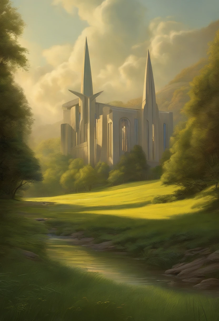 Estilo Ralph-McQuarrie, Greek architecture done in sci-fi style in a beautiful forest and meadow setting with tall buildings and open green spaces, oil painting, Beautiful, altamente detalhado