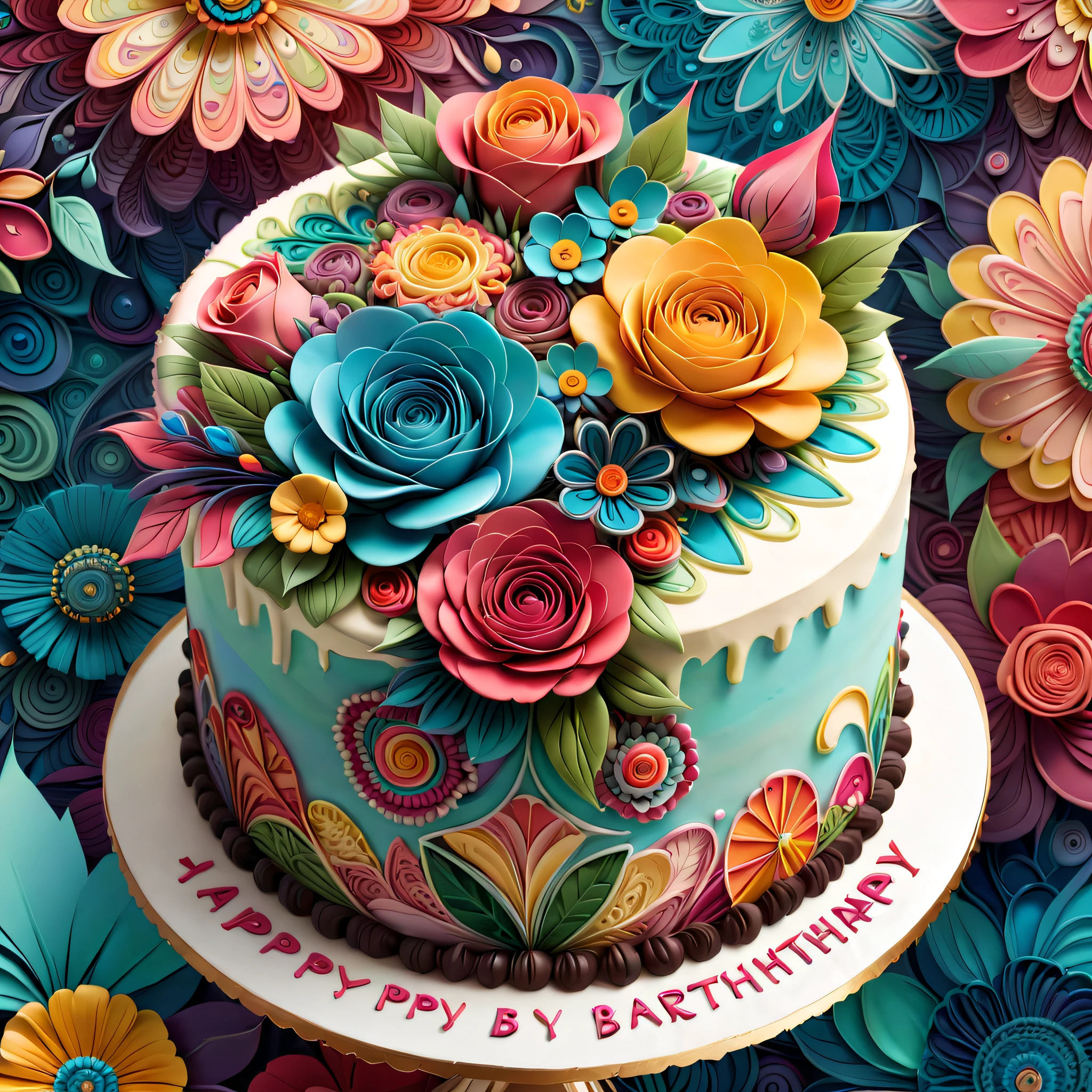 (The birthday cake),Riff style， (masutepiece, top-quality, Best quality, offcial art, Beautiful and aesthetic:1.2), (rosette:1.3), Extremely detailed,(Fractal art:1.1),(Colorful:1.1)(Flowers:1.3),highest details,(zentangle:1.2), (abstract backgrounds:1.3), (many color:1.4), ,(feater:1.5)