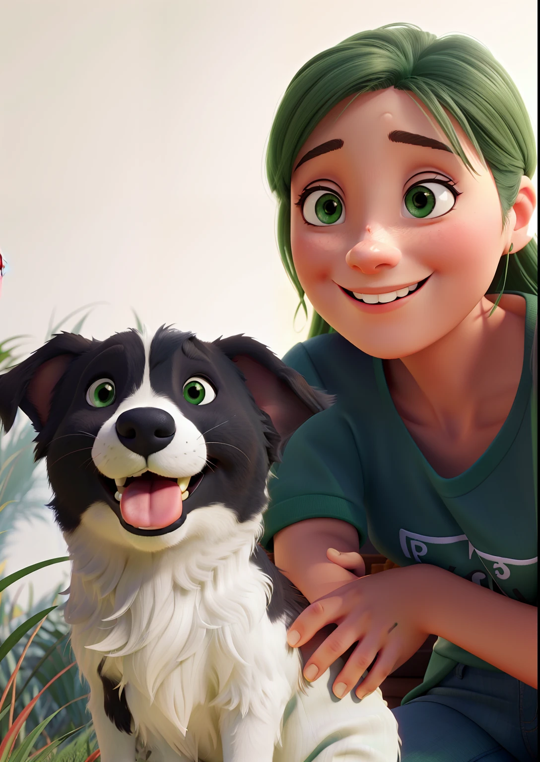 A happy woman next to her pet and background a green area of plants