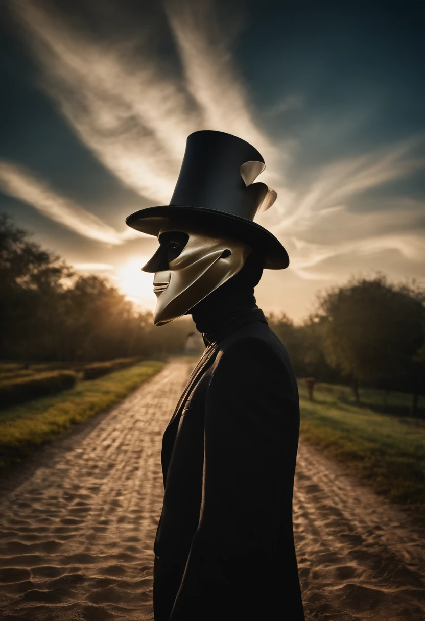 evil smile, mask, mini top hat, mini top hat, mask on head, Surrealism, atmospheric perspective, motion lines, three sided view, depth of field, god rays, Social realism, 8k, super detail, ccurate, best quality, super detail, high quality, best quality