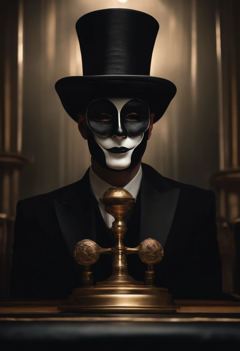 evil smile, mask, mini top hat, mini top hat, mask on head, Surrealism, atmospheric perspective, motion lines, three sided view, depth of field, god rays, Social realism, 8k, super detail, ccurate, best quality, super detail, high quality, best quality