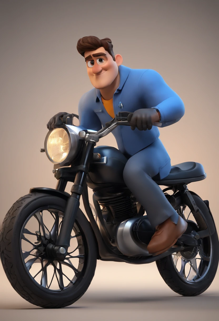 personagem dos desenhos animados de um homem com cavanhaque pretos e uma camisa azul, animation character, Caractere estilizado, animation style rendering, 3D estilizado, Arnold Maya render, 3 d render stylized, toon render keyshot, Personagem 3D, Personagem 3D, 3d rendering stylized, 3 d character render, personagem de desenho animado, Personagem de close up, Pose de personagem, (Estilo Pixar) (master part:1.2) (Bokeh) (best quality) (pele detalhada) (textura detalhada) (8k) (argila) (Cinematic lighting) (foco nítido, barrigudo, Clara jeans vans sneakers black mounted on your rusty custom bike
