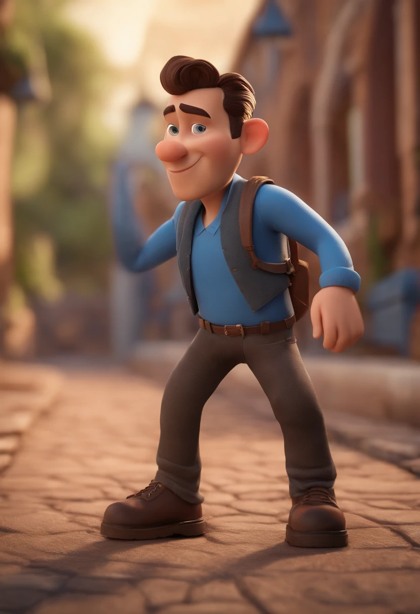 personagem dos desenhos animados de um homem com cavanhaque pretos e uma camisa azul, animation character, Caractere estilizado, animation style rendering, 3D estilizado, Arnold Maya render, 3 d render stylized, toon render keyshot, Personagem 3D, Personagem 3D, 3d rendering stylized, 3 d character render, personagem de desenho animado, Personagem de close up, Pose de personagem, (Estilo Pixar) (master part:1.2) (Bokeh) (best quality) (pele detalhada) (textura detalhada) (8k) (argila) (Cinematic lighting) (foco nítido, barrigudo, Clara jeans vans sneakers black mounted on your rusty custom bike