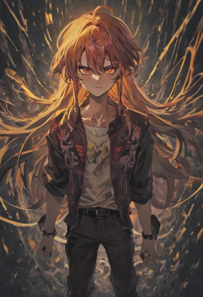 badass serial killer with long hair, he has a menacing look, wears a t-shirt and has already killed people, he is the leader of a cult