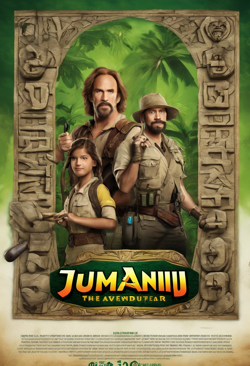 Advertisement for Jumanji board game,2 dice,green background, "Unleash the adventure, conquer the jungle"