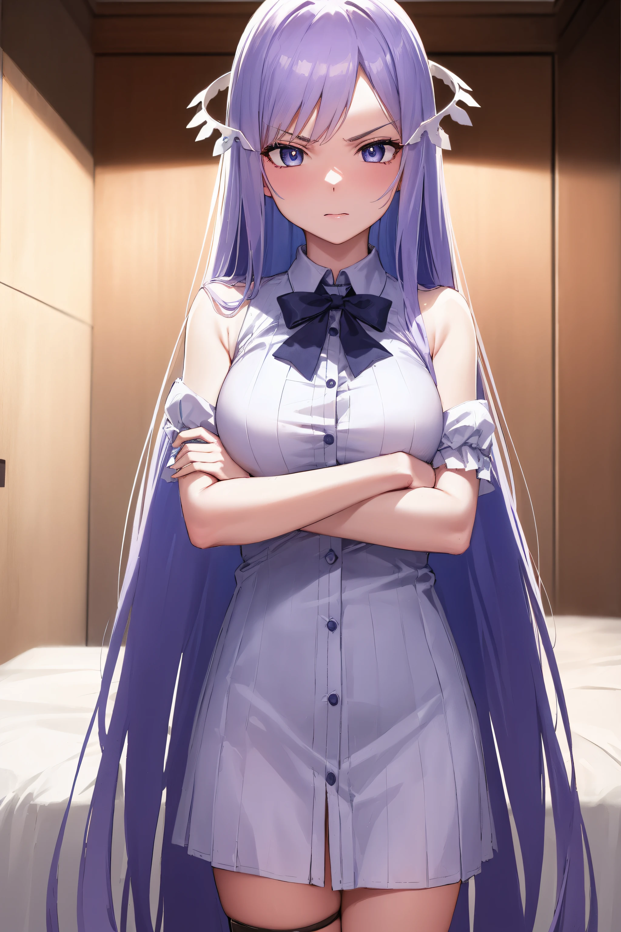 quinella, quinella, absurdly long hair, (purple eyes:1.1), long hair, parted bangs, purple hair, very long hair, hair ornament,medium breast,
BREAK black bowtie, white shirt, sleeveless, off shoulder, grey cardigan, open clothes, sleeves past wrists, black skirt, suspender skirt, thigh strap,
BREAK indoors, bed,
BREAK looking at viewer, (cowboy shot:1.5),crossed arms, (angry), pov,
BREAK (masterpiece:1.2), best quality, high resolution,NSW ,unity 8k wallpaper, (illustration:0.8), (beautiful detailed eyes:1.6), extremely detailed face, perfect lighting, extremely detailed CG, (perfect hands, perfect anatomy),