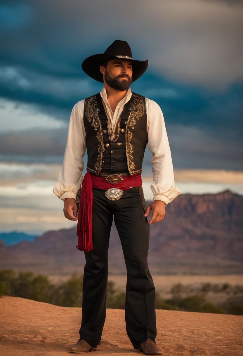 Homem: fabricio is a tall man, moreno, cabelo coque samurai estilo Disney, tem barba cumprida e preta, olhos pequenos, Plays a guitar, usa roupa do estilo cowboy, And the scenery is always on the field or on the concert stages, e usa uma corrente de ouro..