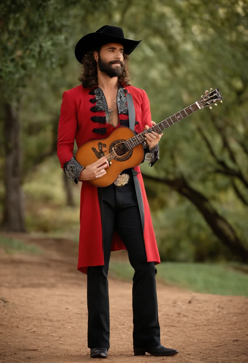 Homem: fabricio is a tall man, moreno, cabelo coque samurai estilo Disney, tem barba cumprida e preta, olhos pequenos, Plays a guitar, usa roupa do estilo cowboy, And the scenery is always on the field or on the concert stages, e usa uma corrente de ouro..