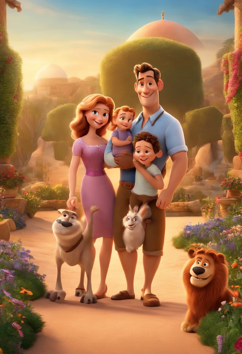 a Disney Pixar movie poster showing a white-skinned family. The father is the tallest, Tem barba curta, loiro, cabelos curtos e espinhosos. The mother has brown eyes and hair, shoulder-length and is slightly overweight. A menina tem 4 anos e cabelos castanhos, roupa rosa e rabos de cavalo. The background is a beach garden. 3D-rendering