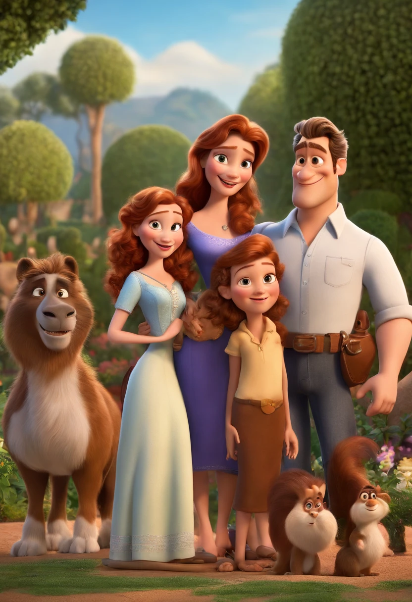 a Disney Pixar movie poster showing a white-skinned family. The father is the tallest, Tem barba curta, loiro, cabelos curtos e espinhosos. The mother has brown eyes and hair, shoulder-length and is slightly overweight. A menina tem 4 anos e cabelos castanhos, roupa rosa e rabos de cavalo. The background is a beach garden. 3D-rendering