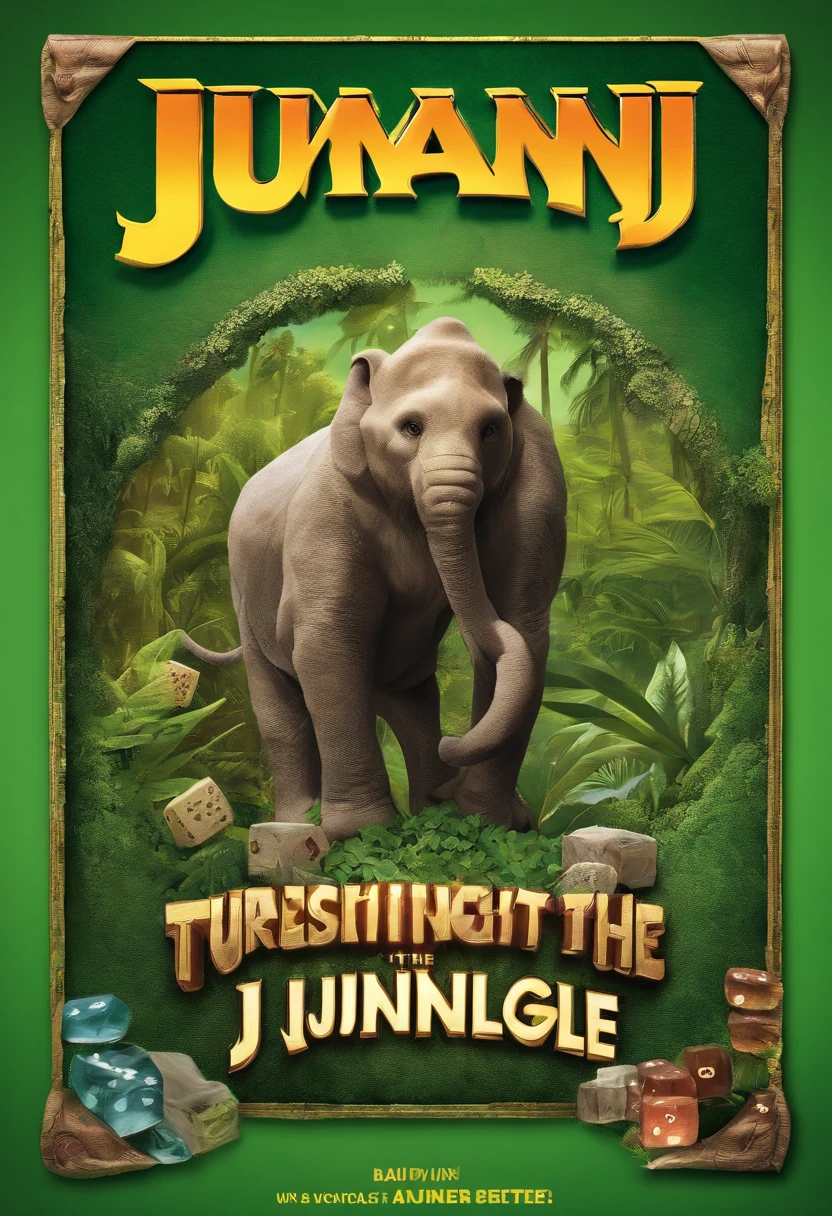 Advertisement for Jumanji board game,2 dice,green background, and writtent below"Unleash the adventure, conquer the jungle"