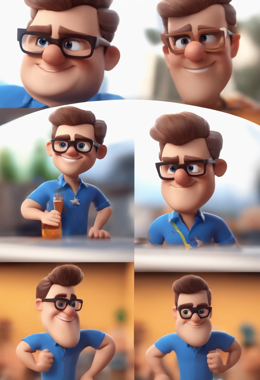 Cartoon character of a man with black glasses and a blue shirt, animation character, Caractere estilizado, animation style rendering, 3D estilizado, Arnold Maya render, 3 d render stylized, toon render keyshot, Personagem 3D, Personagem 3D, 3d rendering stylized, 3 d character render, personagem de desenho animado, Personagem de close up, Pose de personagem, (Estilo Pixar) (master part:1.2) (Bokeh) (best quality) (pele detalhada) (textura detalhada) (8k) (argila) (Cinematic lighting) (foco nítido