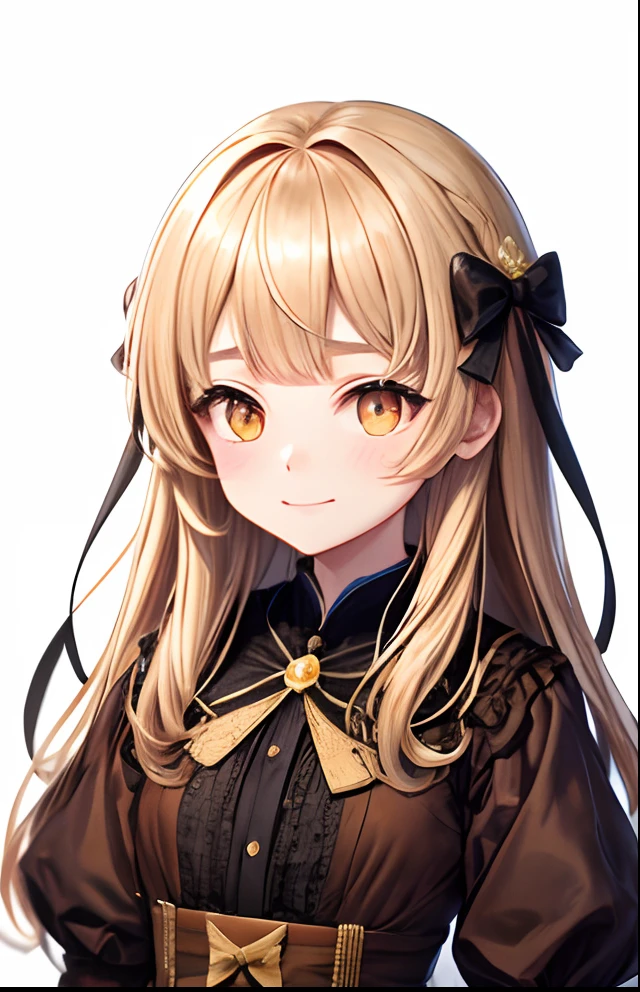 girl with、No background、without background、Background through、ocher hair、ocher head of hair、The long-haired、long、Subject bangs、Pattsun bangs、Aligned bangs、Sareme、drooping eyebrows、Takuambi、Marovi、Round eyebrows、Yellow eyes、Yellow eyes、embarrassed、Shy face、bow ribbon、Ochre dress、Brown dress、Princess、long-sleeve、frilld、Smiling、kawaii、No background
