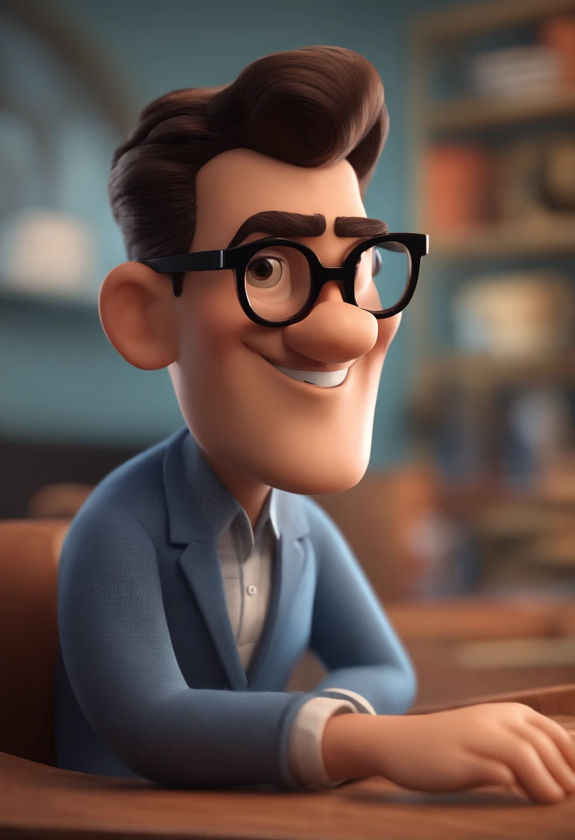 Cartoon character of a man with black glasses and a blue shirt, animation character, Caractere estilizado, animation style rendering, 3D estilizado, Arnold Maya render, 3 d render stylized, toon render keyshot, Personagem 3D, Personagem 3D, 3d rendering stylized, 3 d character render, personagem de desenho animado, Personagem de close up, Pose de personagem, (Estilo Pixar) (master part:1.2) (Bokeh) (best quality) (pele detalhada) (textura detalhada) (8k) (argila) (Cinematic lighting) (foco nítido