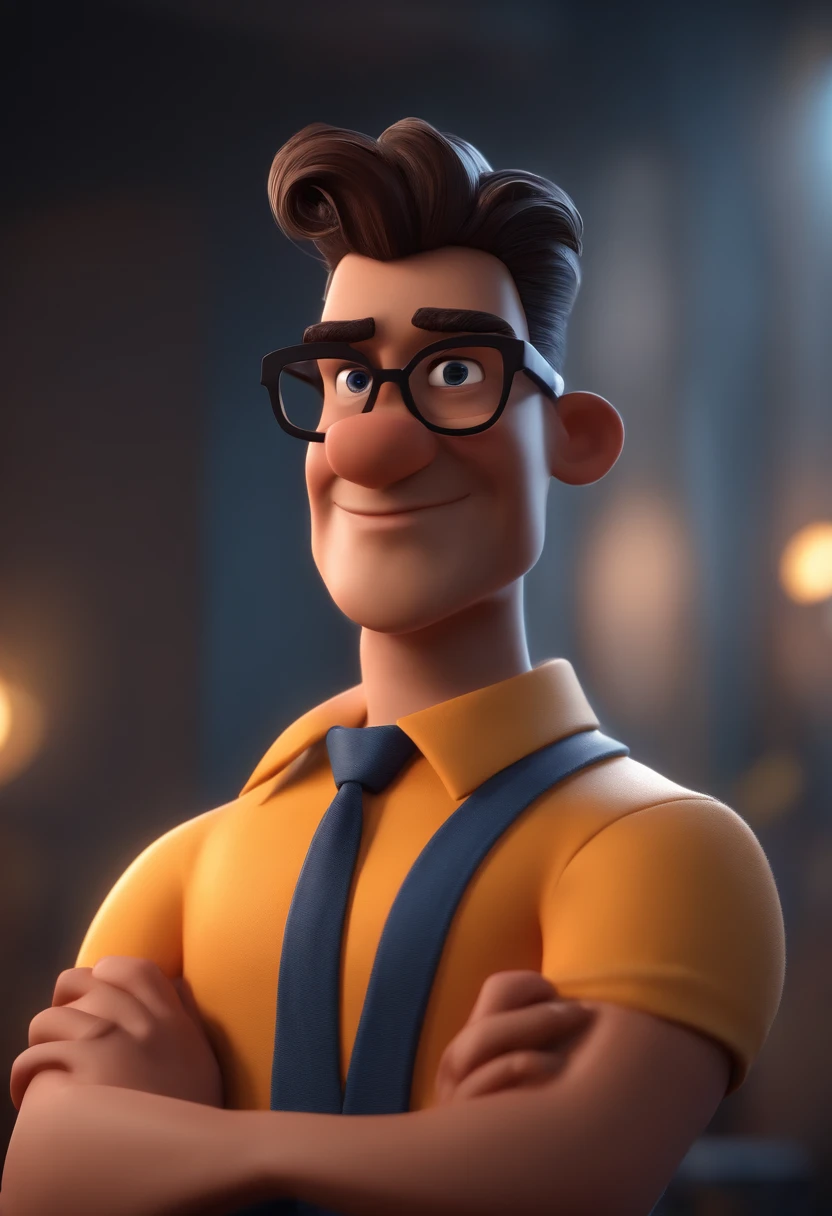 Cartoon character of a man with black glasses and a blue shirt, animation character, Caractere estilizado, animation style rendering, 3D estilizado, Arnold Maya render, 3 d render stylized, toon render keyshot, Personagem 3D, Personagem 3D, 3d rendering stylized, 3 d character render, personagem de desenho animado, Personagem de close up, Pose de personagem,  (Estilo Pixar) (master part:1.2) (Bokeh) (best quality) (pele detalhada) (textura detalhada) (8k) (argila) (Cinematic lighting) (foco nítido