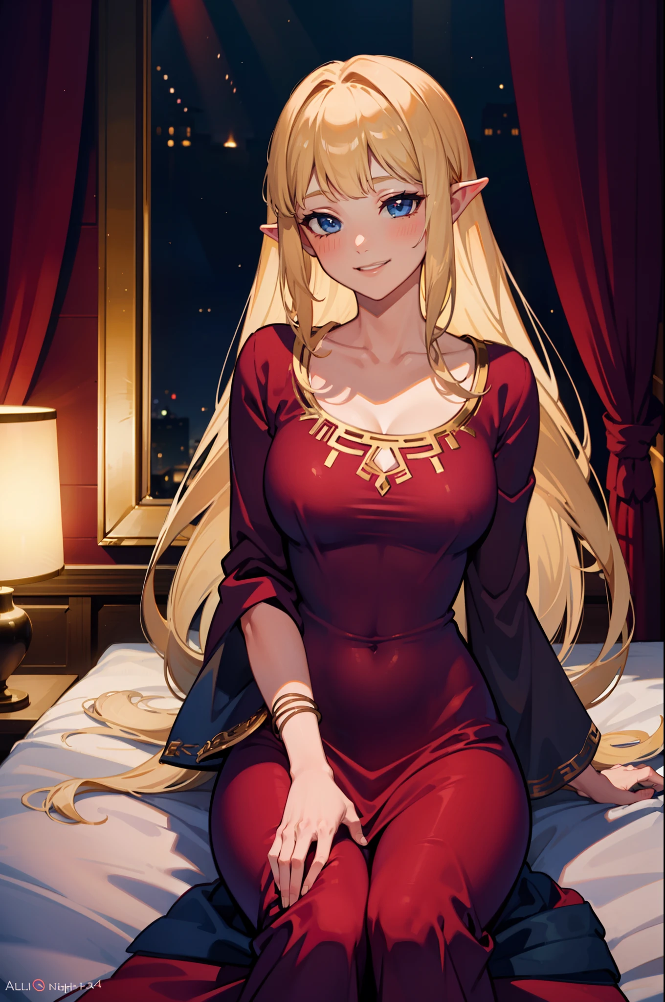 Pubic area is clear，4k wallpaper，HighestQuali，A 24 year old woman，Burgundy silk nightdress，Reallightandshadow，rays of moonlight，Luxurious European bedroom，Red silk bedding，European style architecture，nighttime scene，The upper part of the body, zelda, 1girl, blonde, looking at viewer , blushing, smiling subtly,