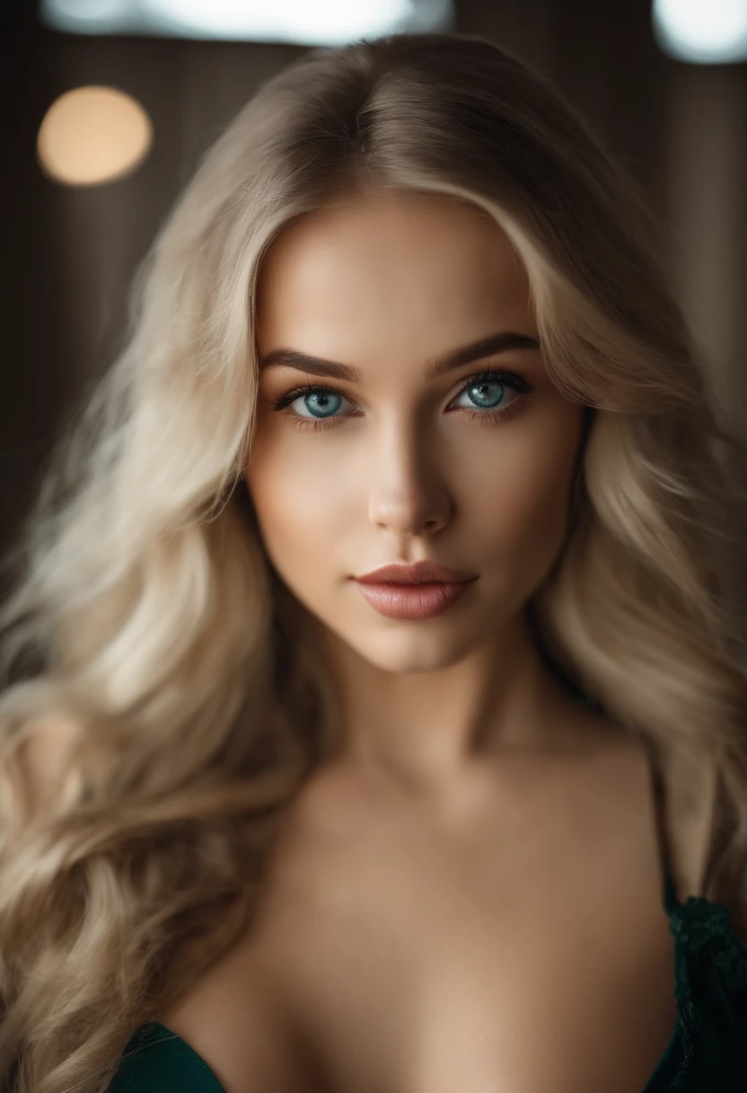 Arafed Full Woman, Sexy Girl with Blue Eyes, , Ultra Realistic, Meticulously Detailed, Portrait of Sophie Mudd, Blonde Hair and Big Eyes, Selfie of a Young Woman, Bedroom Eyes, Violet Myers, No Makeup, Natural Makeup, Looking Directly at the Camera, face artgram, subtle make-up, Impressive photo of the whole body kneeling on the bed, In the bedroom, Medium and large size chest, allowing the face to be seen clearly, portrait, nsfw