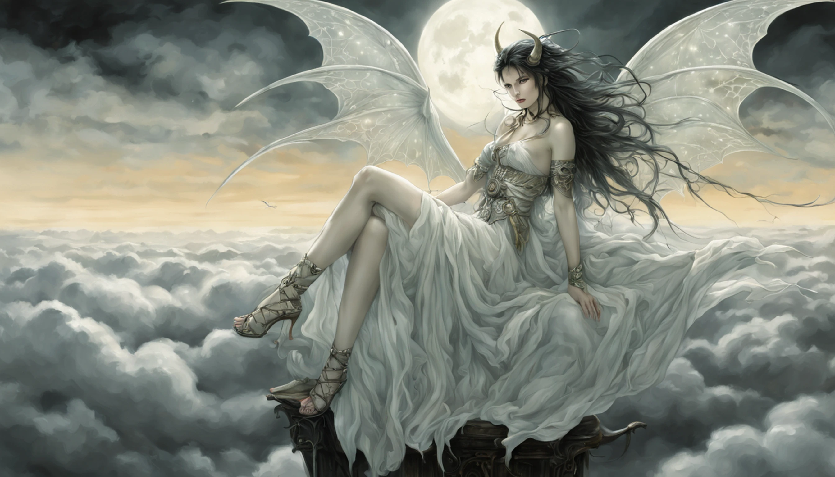 ((best quality)), ((masterpiece)), (detailed), alluring succubus, ethereal beauty, perched on a cloud, (fantasy illustration:1.3), enchanting gaze, captivating pose, delicate wings, otherworldly charm, mystical sky, (Luis Royo:1.2), (Yoshitaka Amano:1.1), moonlit night, soft colors, (detailed cloudscape:1.3), (high-resolution:1.2)
