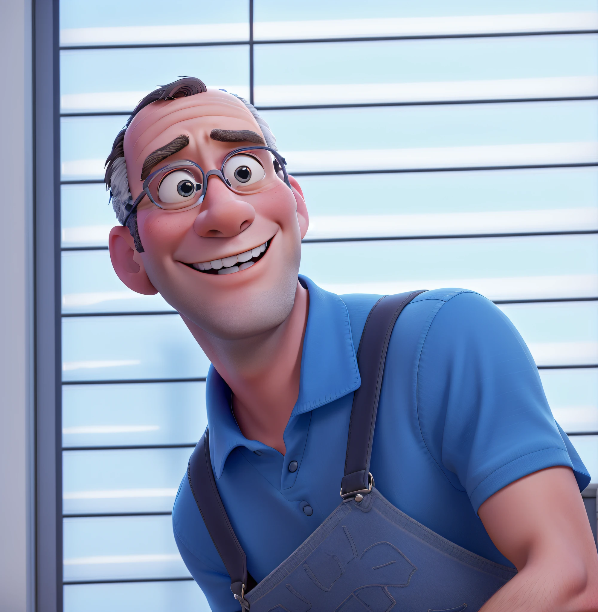 Disney Pixar, best qulaity, eine alte Mann mit Arbeitskleidung, happy, am arbeiten am Spital