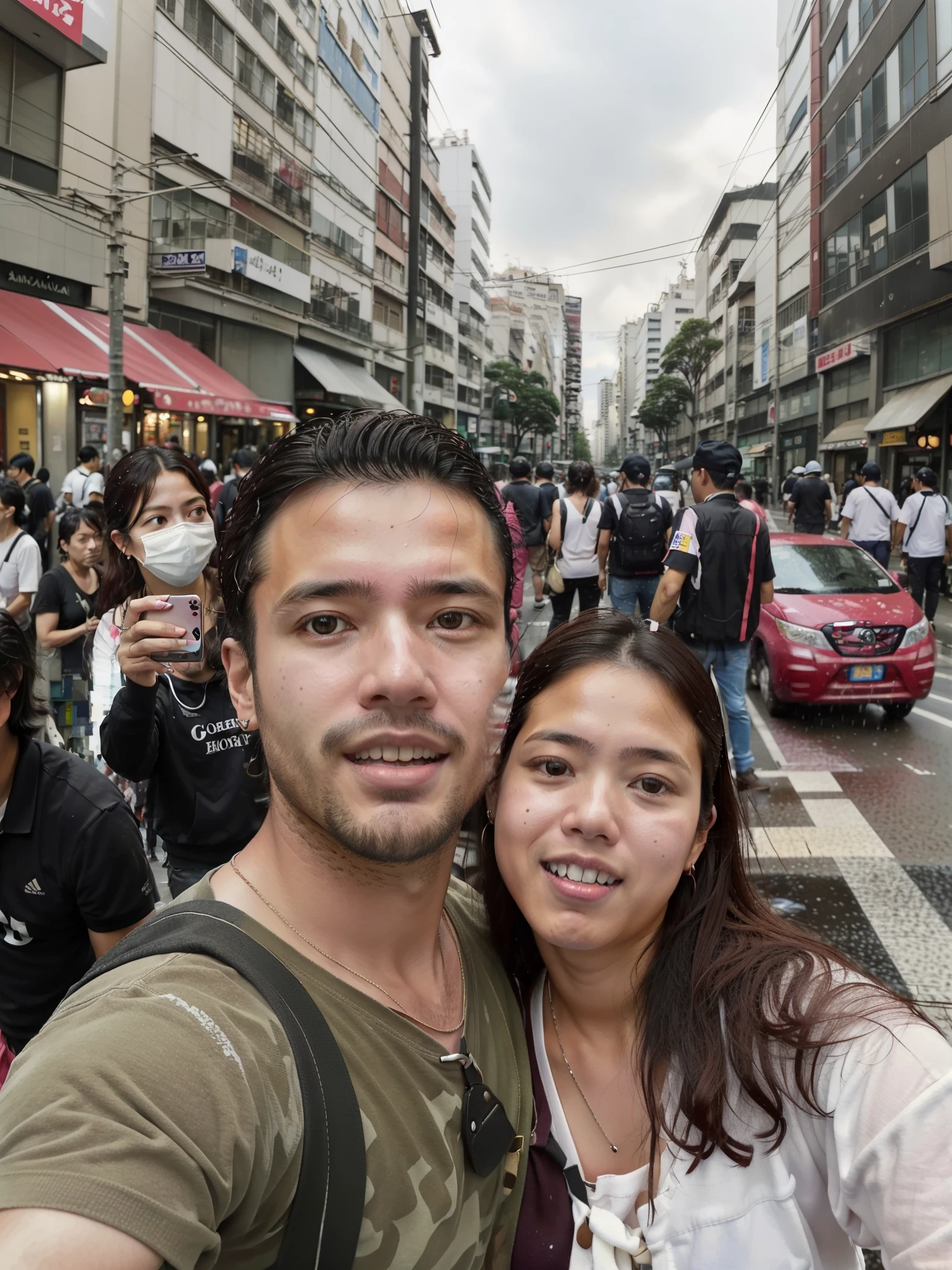 There's a man and a woman taking a selfie on a crowded street, In Sao Paulo, in tokyo, São Paulo, Directed by: Nandor Soldier, foto de rua, 🚿🗝📝, na rua, Malika Favre, andrea rocha, david rios ferreira, 🤬 🤮 💕 🎀, avenida paulista, Buenos Aires