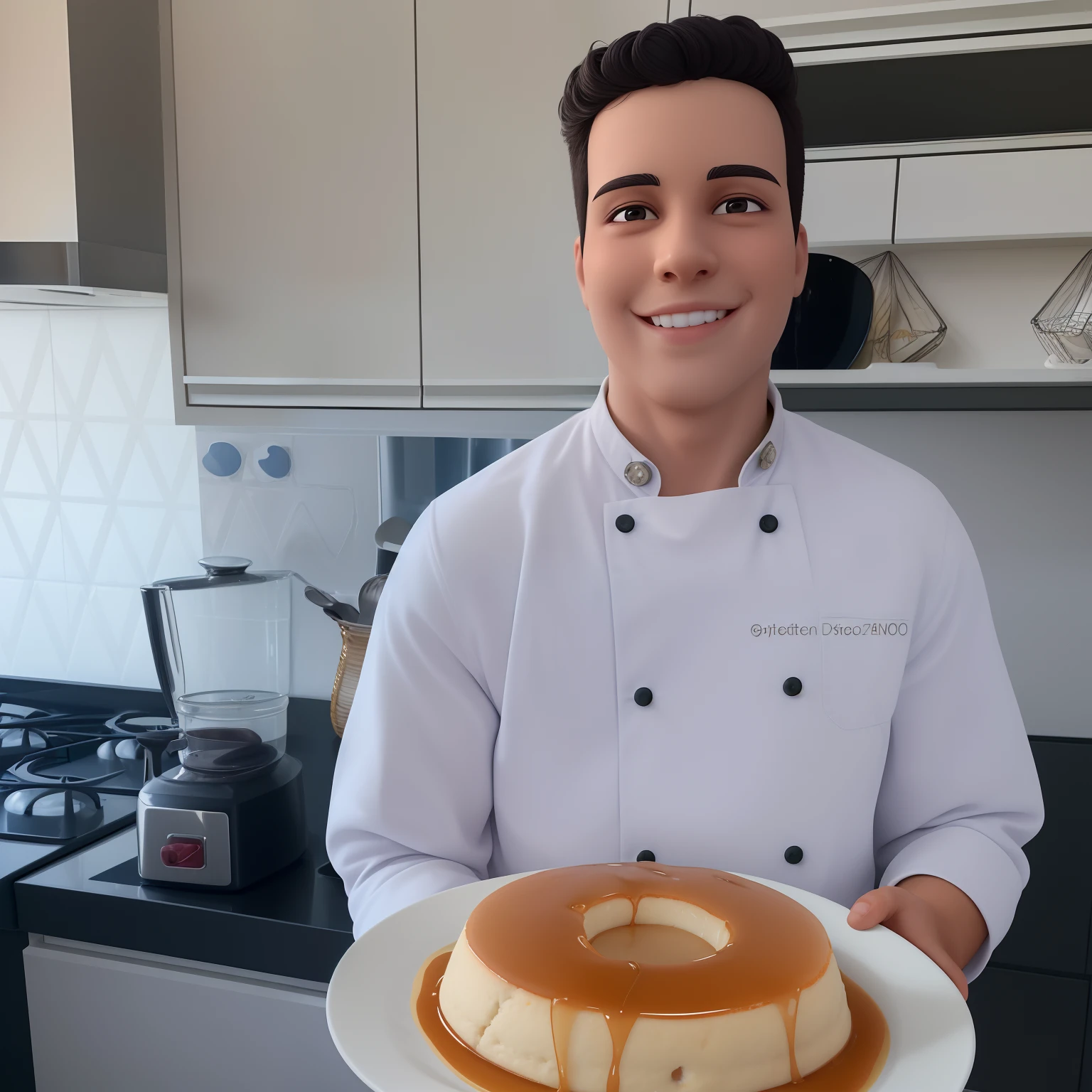 A young man stands in his kitchen,Com um sorriso no rosto,Holding a plate of caramel pudding in his hand,Close-up detalhado do rosto, no estilo disney pixar, best quality, master part, Super Detalhe, Detalhes altos