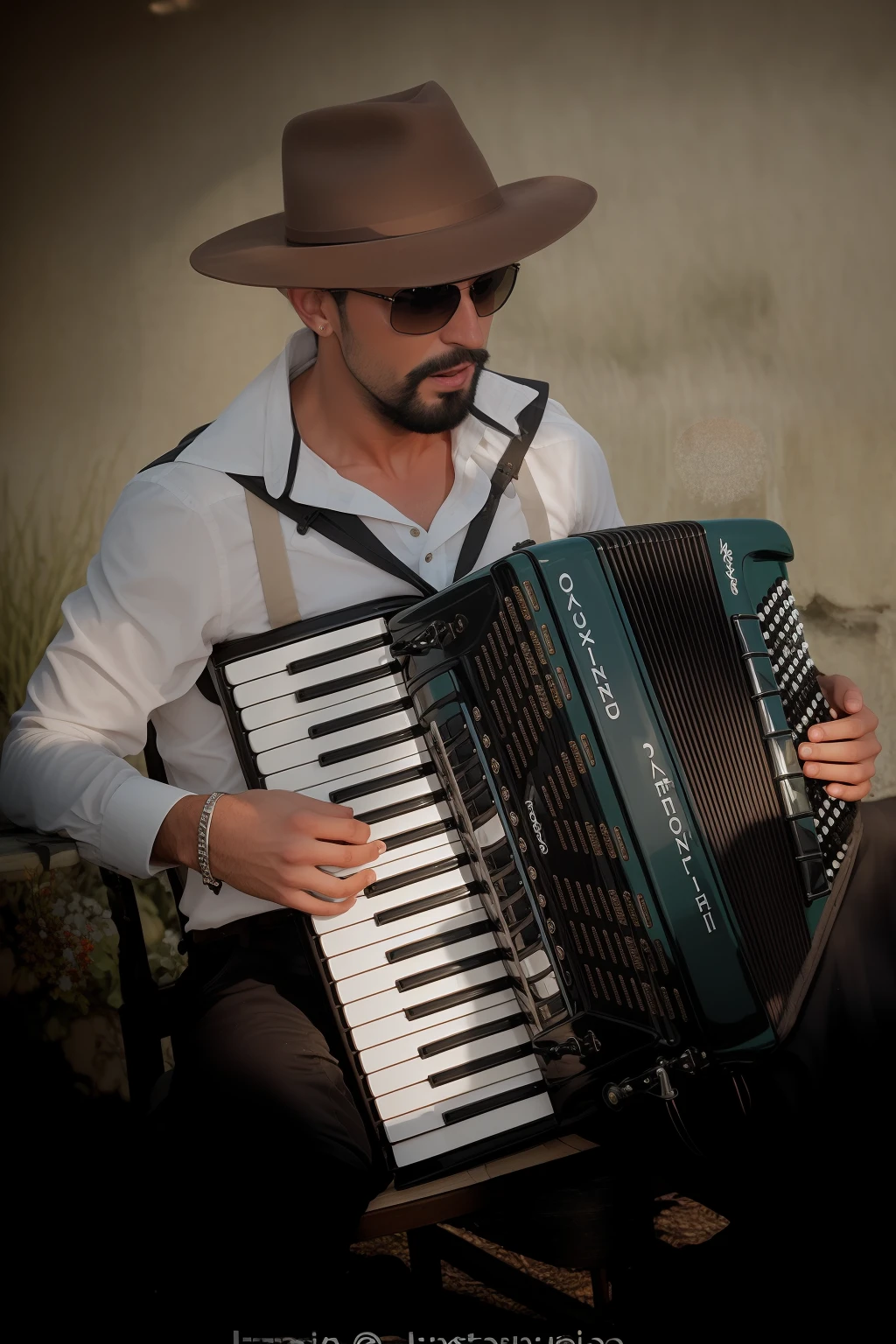 Man in hat and sunglasses plays accordion, musician, inspired by Germán Londoño, ástor alexander, inspirado em Federico Zandomeneghi, inspirado em Girolamo Muziano, Alejandro, Artur Bordello, instrumento, folclore, Pablo Oliveira, inspired by Agustín Fernández, Cristiano Orrillo