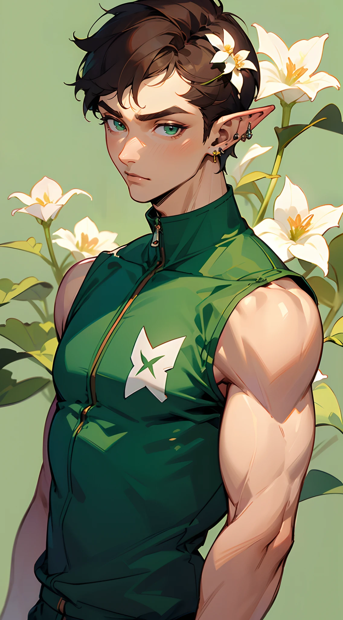 A boy with short fluffy light brown hair with light green eyes with freckles and long eyelashes Buko no hero academia style Calm standing With tits Lingerie