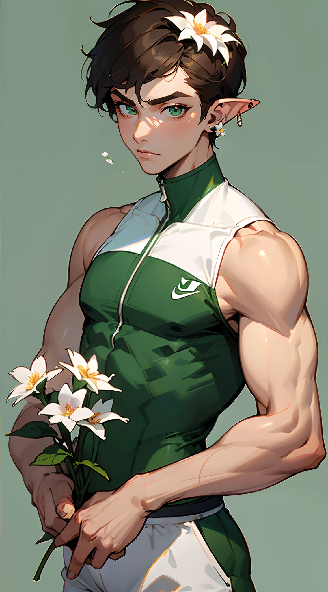 Handsome man , brown hair , very Short hair, ((Ivy League Haircut:1)) , green eyes , light skin , ((muscular:1.3)),((masculine:1)) ,elf ears , ((wearing small flower earring:1.3)) , age 37,


Wearing a Nike tracksuit, bright colors , model , fashion ad , plain background, mid shot , sleeveless , 

(masterpiece, best quality )detailed, 1Character ,  pastel washed out colors , cell shade , soft, muted shades ,gentle colors ,