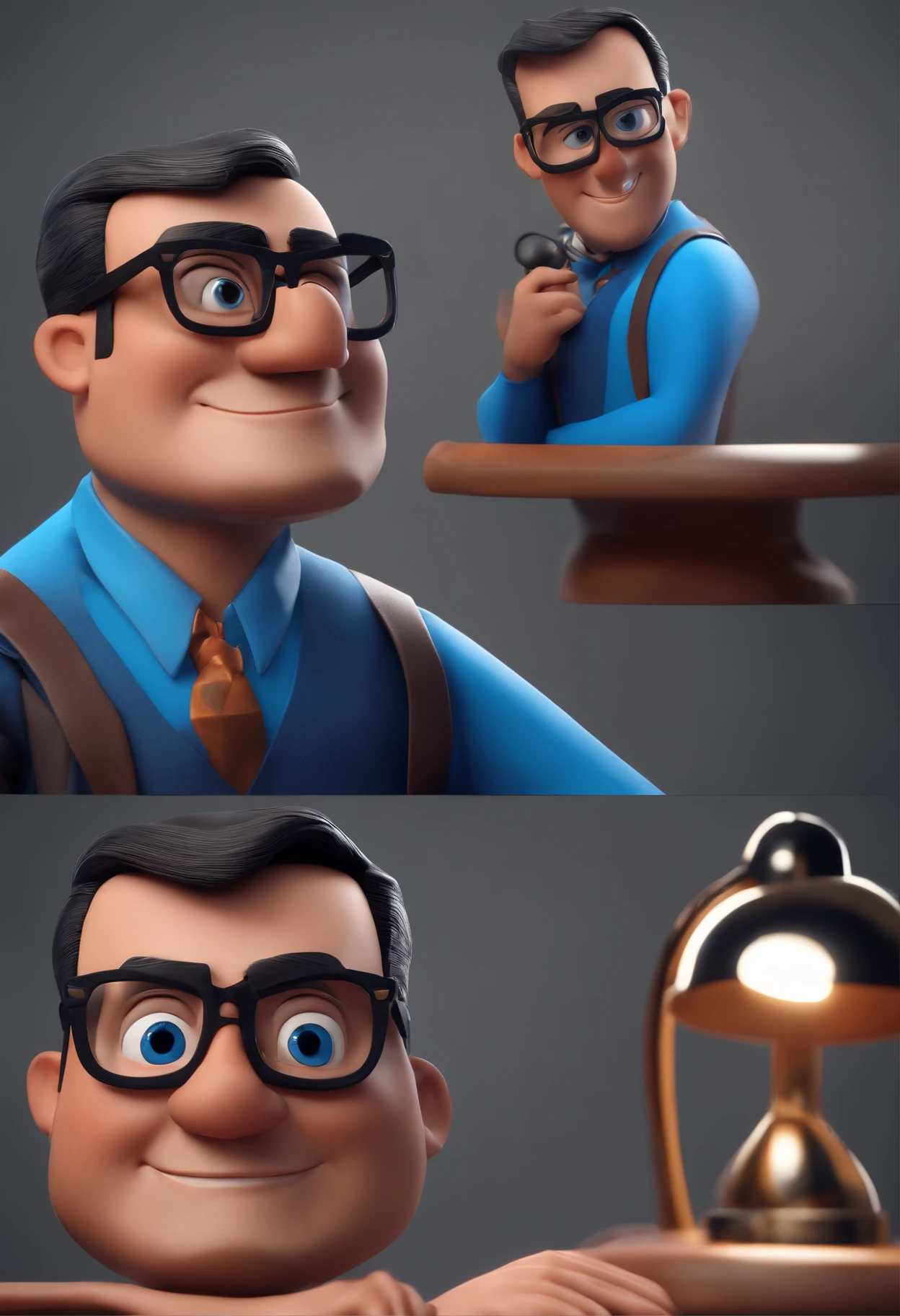 Cartoon character of a man with black glasses and a blue shirt, animation character, Caractere estilizado, animation style rendering, 3D estilizado, Arnold Maya render, 3 d render stylized, toon render keyshot, Personagem 3D, Personagem 3D, 3d rendering stylized, 3 d character render, personagem de desenho animado, Personagem de close up, Pose de personagem, (Estilo Pixar) (master part:1.2) (Bokeh) (best quality) (pele detalhada) (textura detalhada) (8k) (argila) (Cinematic lighting) (foco nítido