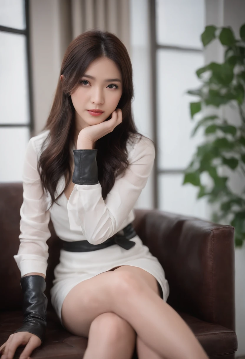 Black leather gloves with five fingers in both hands, black leather tight skirt, white blouse, black leather long boots, Japanese girl with black hair straight, sit on a leather chair with her feet aligned, both hands are aligned on her knees