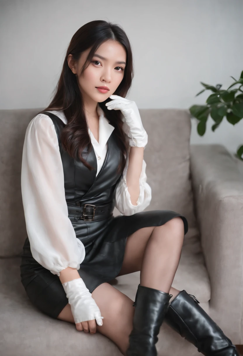 Black leather gloves with five fingers in both hands, black leather tight skirt, white blouse, black leather long boots, Japanese girl with black hair straight, sit on a leather chair with her feet aligned, both hands are aligned on her knees